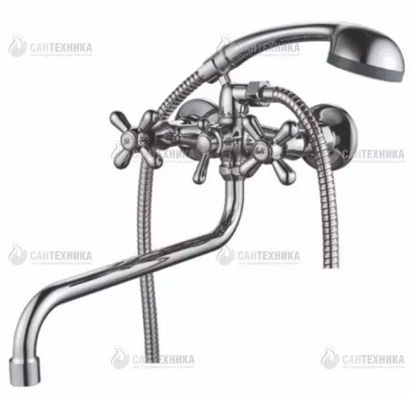 смеситель ванна D-Lin 1/2" керамика крест, круглый излив 30см, хром (A4589) Ammore