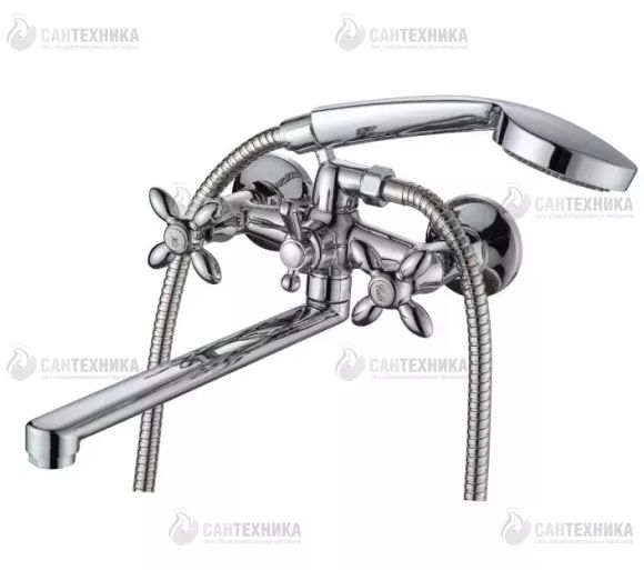 смеситель ванна D-Lin 1/2" керамика крест, плоский излив 30см, хром (A4588-F) Ammore