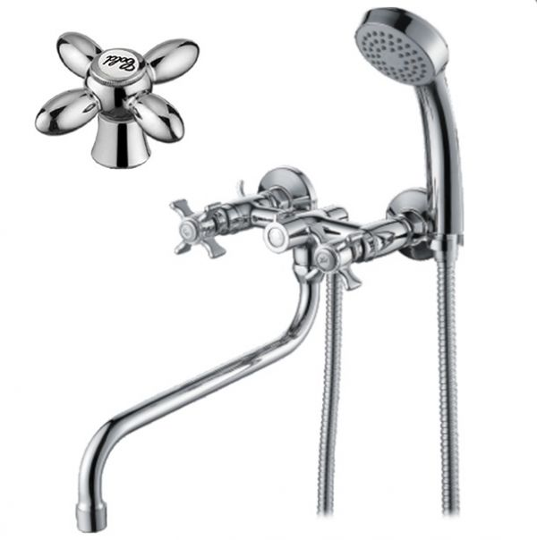 смеситель ванна D-Lin 1/2" керамика крест, круглый излив 30см, хром (D143808)