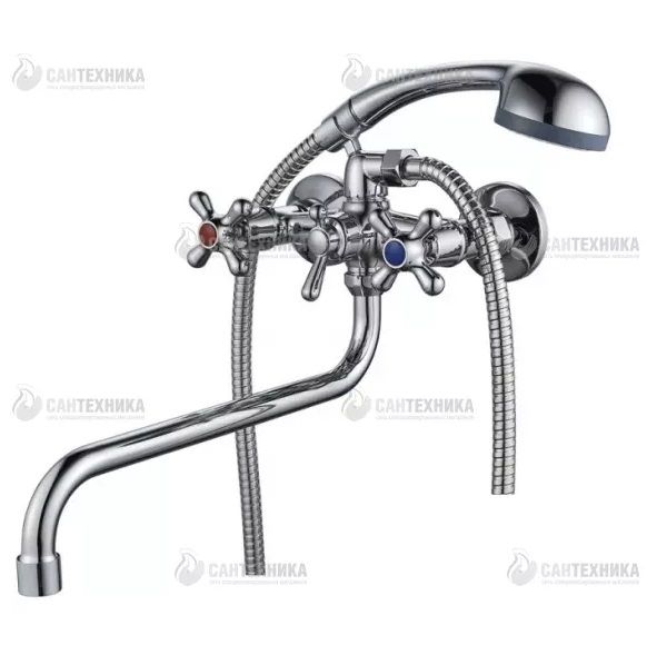 смеситель ванна D-Lin 1/2" керамика крест, круглый излив 30см, хром (A4581-B) Ammore